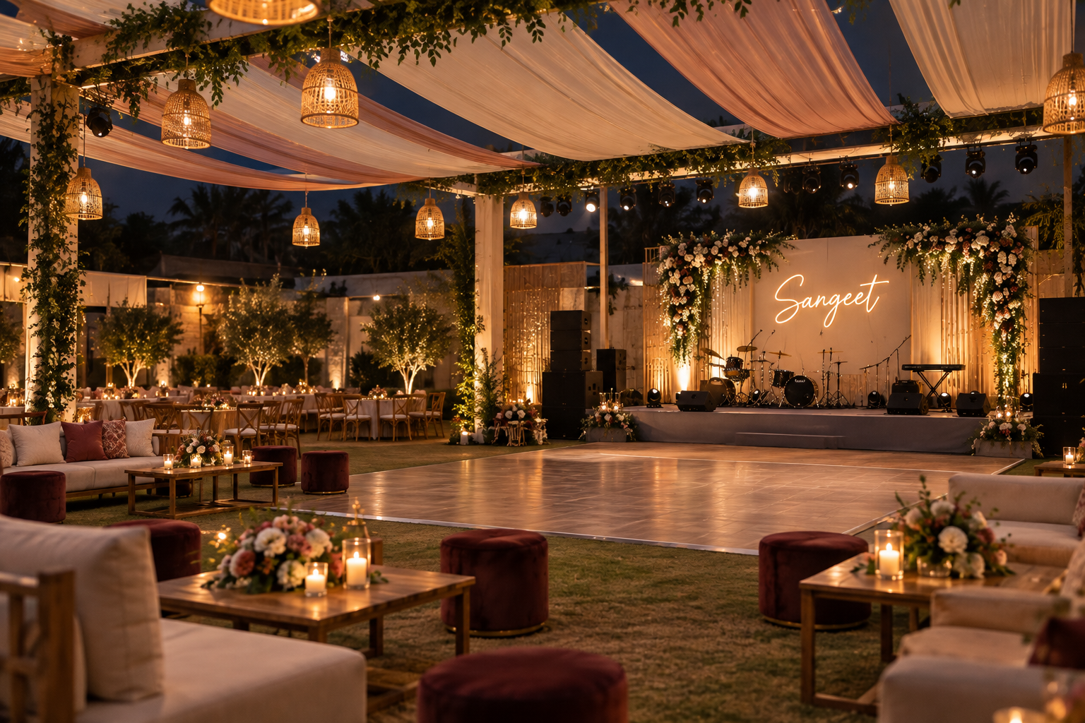 Luxury Sangeet and Haldi decoration in Mumbai with illuminated wooden dance floor, glowing neon stage, and warm hanging lanterns